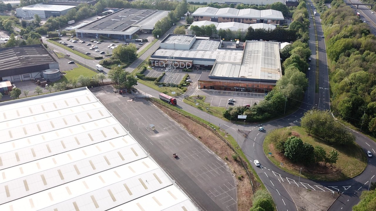 Aerial view of the Ted Todd buildings and roofscape at Chesford Grange.