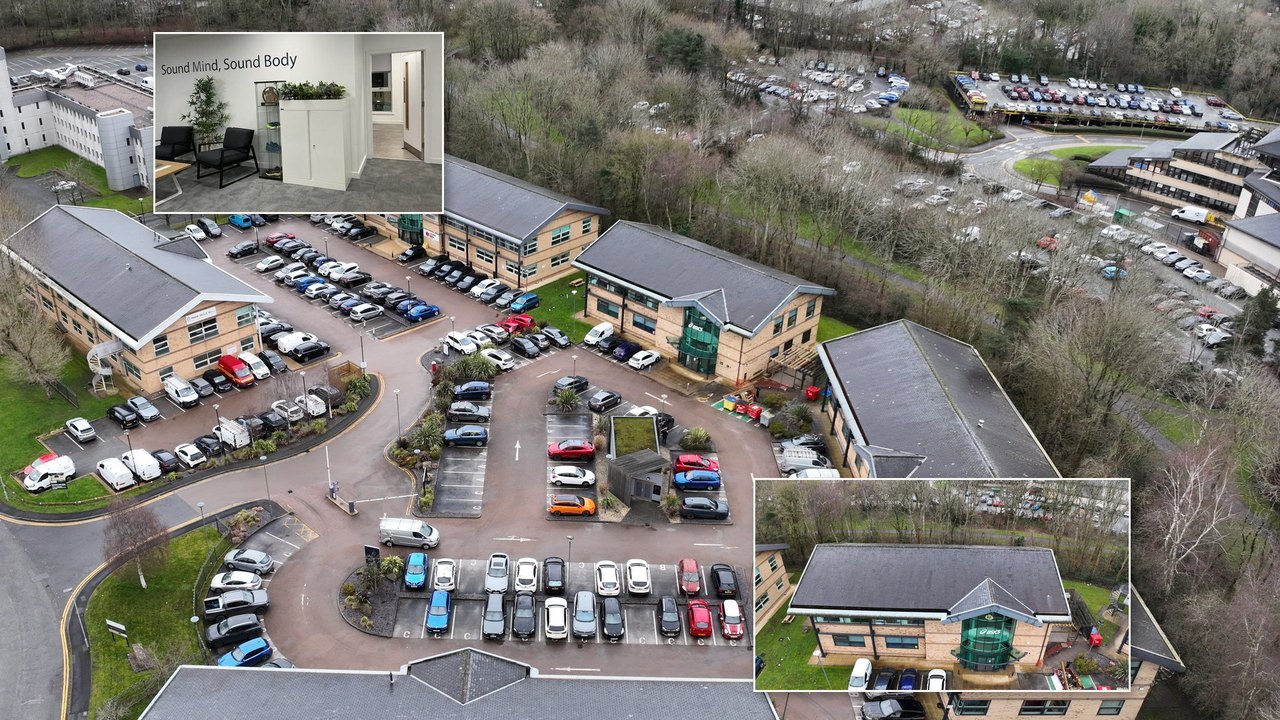 Aerial of Concentric Unit A in its commercial estate, with closer building and interior insets.